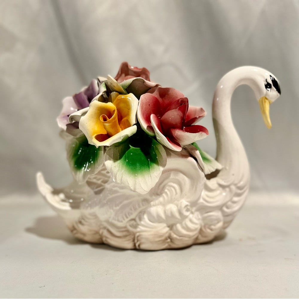Vintage Capodimonte Swan Ceramic Figurine with Colorful Roses, Italy